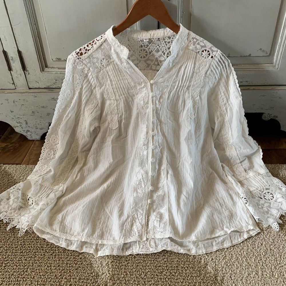 New White Lace Long Sleeve Western Boho Blouse Top Button Front - Picture 5 of 8
